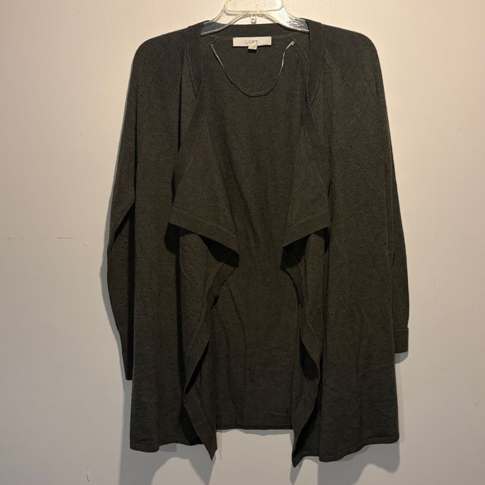 Loft Wool Blend Waterfall Open Front Cardigan Sweater Green Gray Women’s M